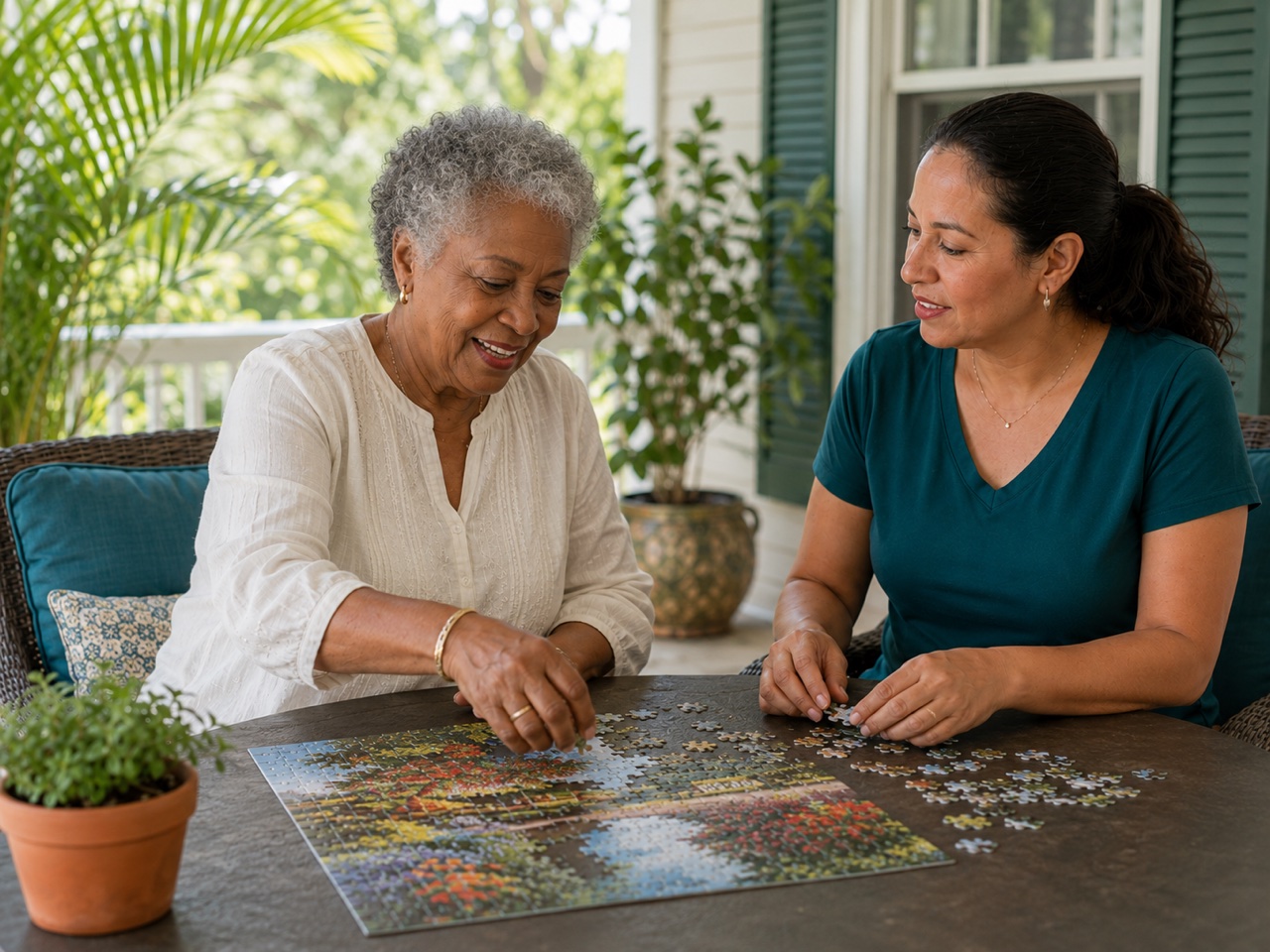 An older woman and caregiver working on a jigsaw puzzle together on a shaded porch
