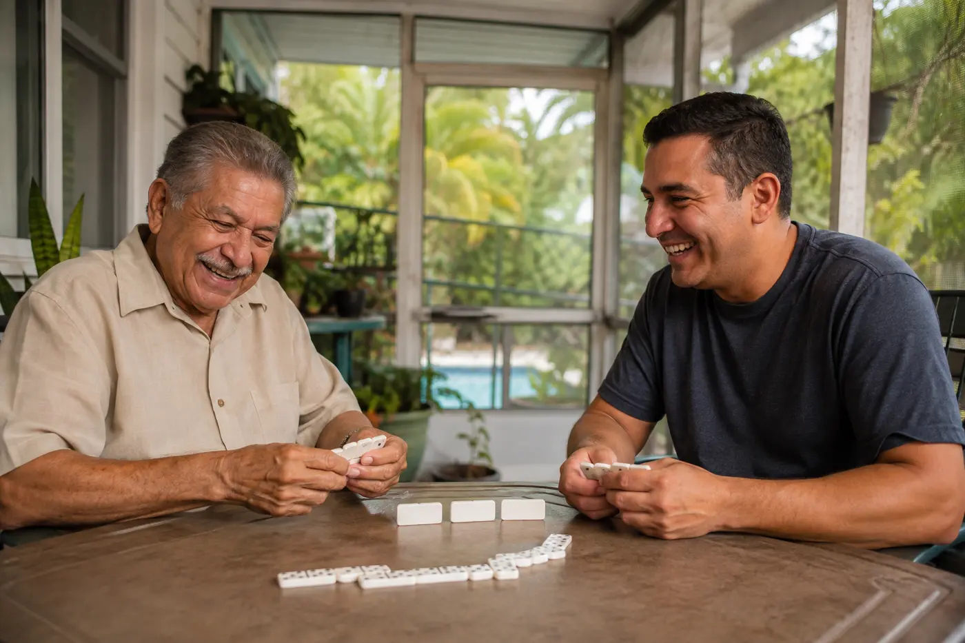 A caregiver and older adult enjoying a relaxed activity together
